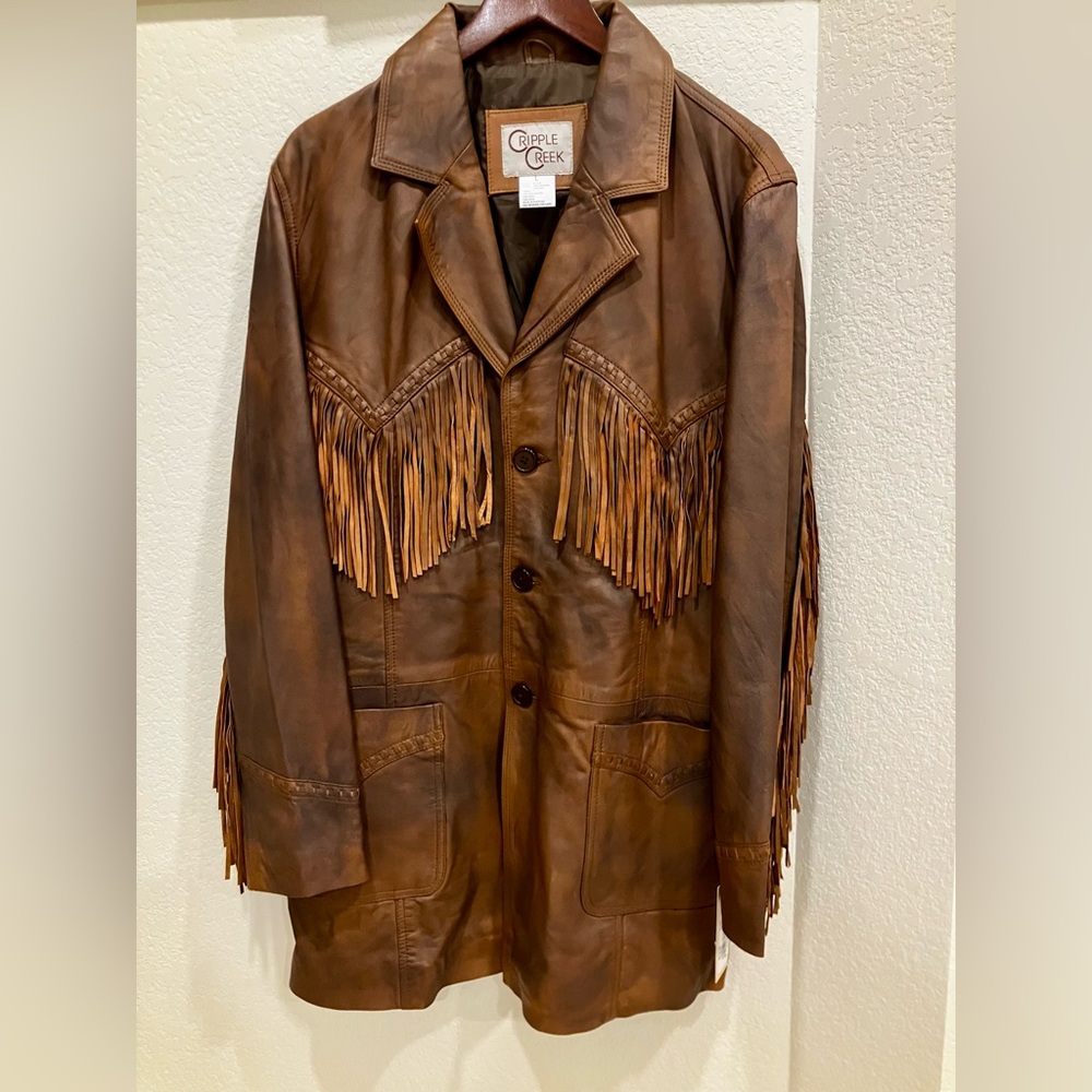 Cripple Creek Men's Brown Fringe Leather 3-button Jacket (L)